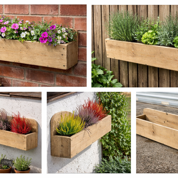 Wall mounted rough sawn wooden garden trough planted with seasonal flowers outdoors