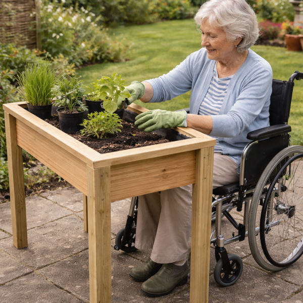 Elderly woman in wheelchair planting herbs in raised wooden garden trough