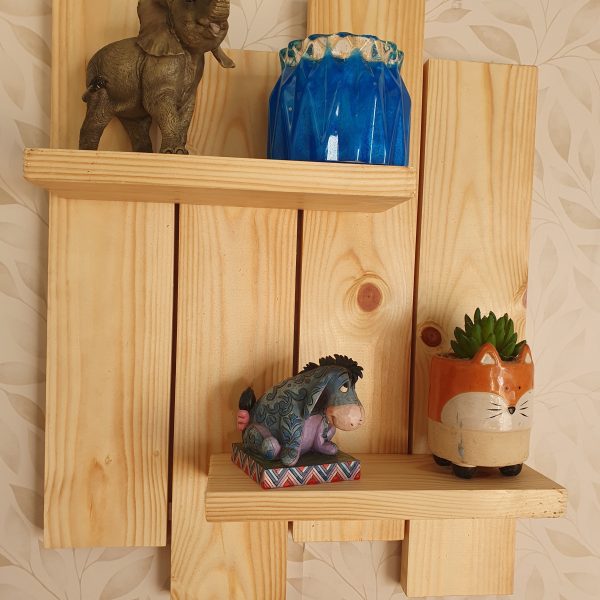Wooden stagered Wall shelf with fixings: Natural Clear Coat