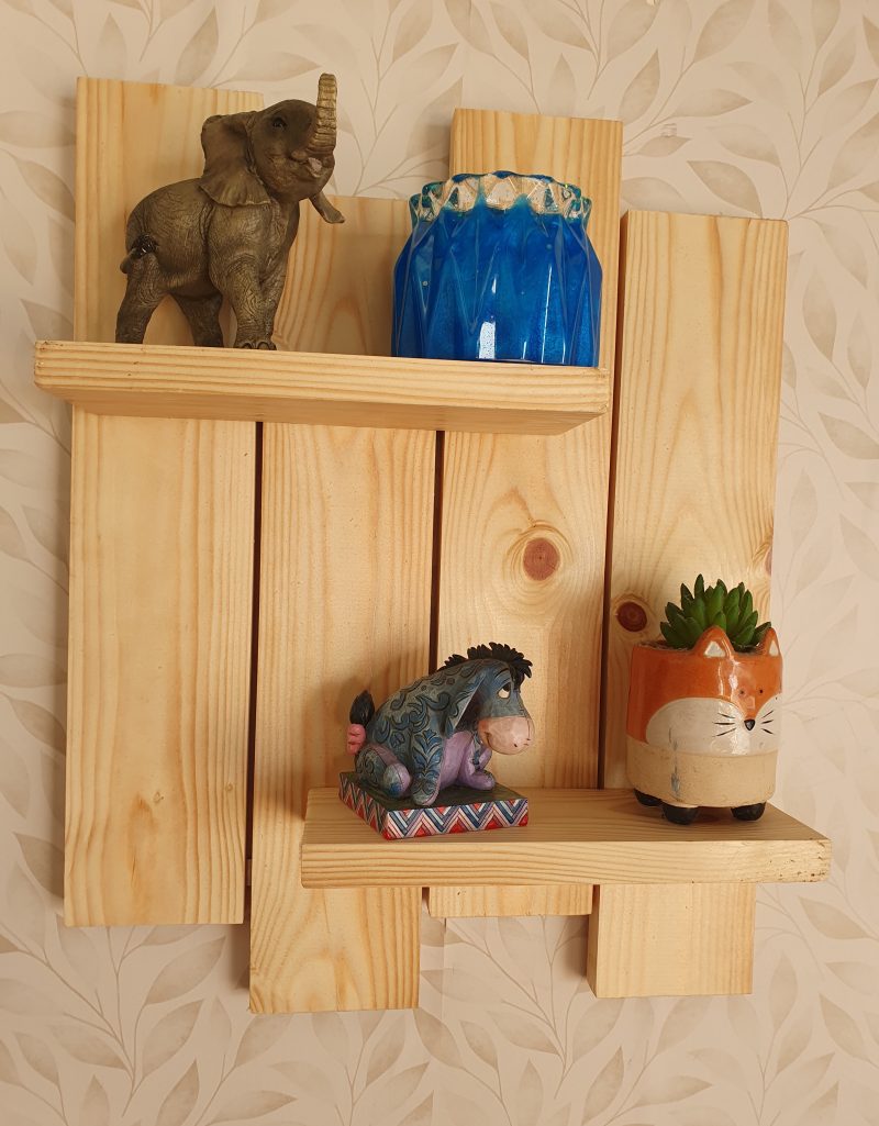 Wooden stagered Wall shelf with fixings: Natural Clear Coat