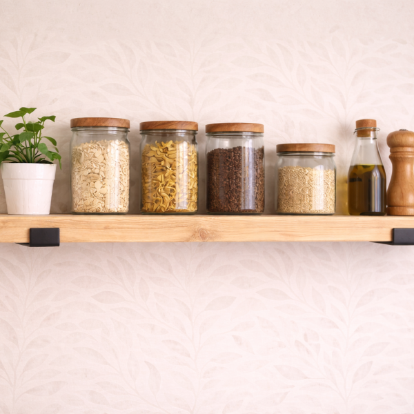 Reclaimed scaffold board shelf in kitchen with jars and plant
