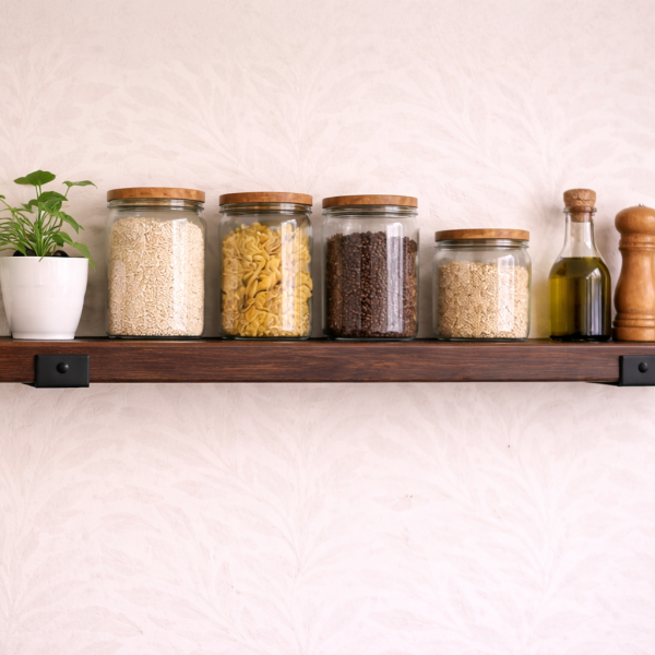 Vintage pine reclaimed scaffold board shelf styled in kitchen with jars and plant