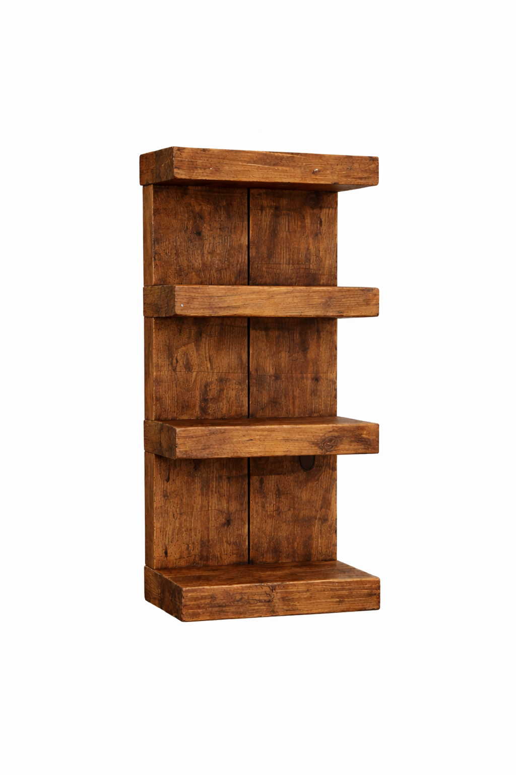 Reclaimed scaffold board chunky wall shelving unit in antique pine finish