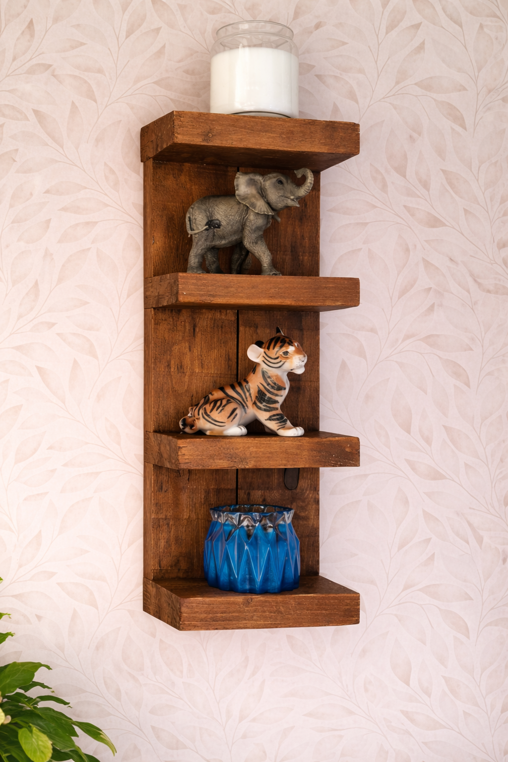 Antique pine reclaimed scaffold board chunky wall shelving unit styled with ornaments