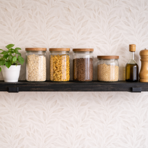 Ebony stained reclaimed scaffold board shelf styled in kitchen with jars and plant