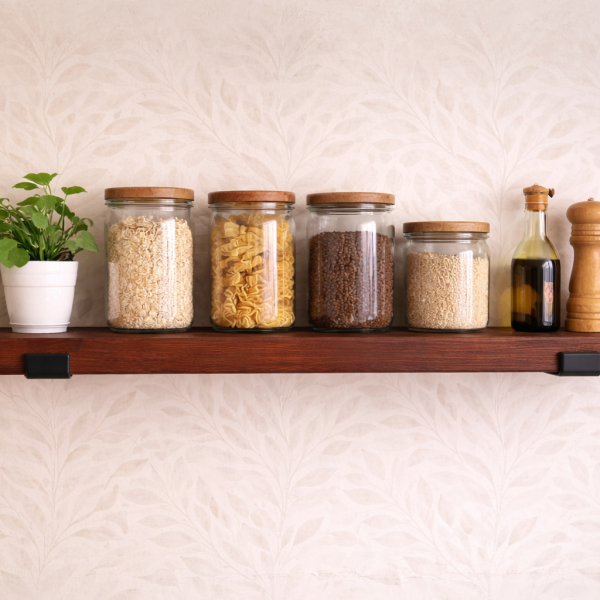 Mahogany stained reclaimed scaffold board shelf styled in kitchen with jars and plant