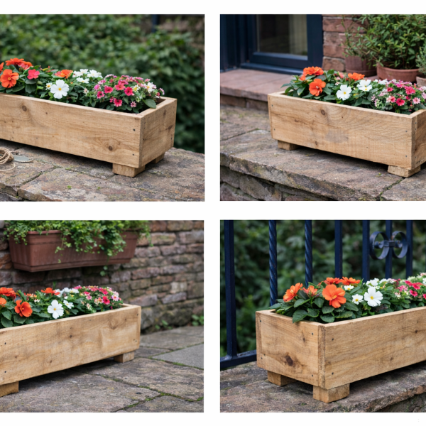 Upcycled scaffold board garden trough planter planted with flowers in a patio setting