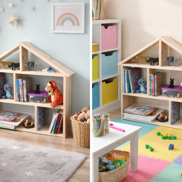 Wooden house shelf styled in a child’s bedroom with books and toys